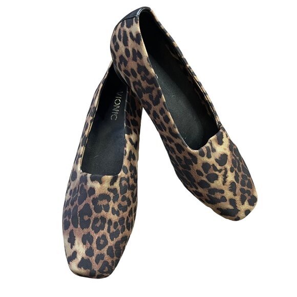 VIONIC Powell Demi Wedge Tan Leopard Comfort Orthotic Slip-on‎ Shoes Women's 9 - Picture 1 of 8